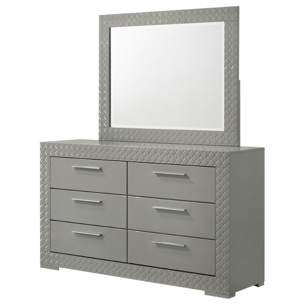 English Elm Pierce High Gloss Grey Dresser with Mirror Diamond Emboss and Chrome Hardware B062S02212
