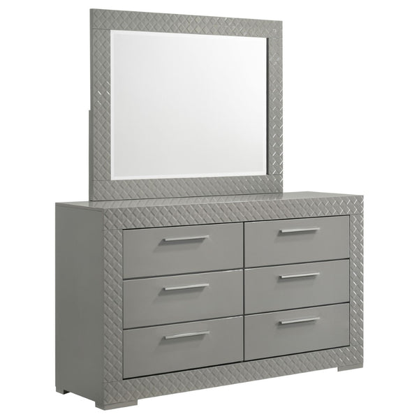 English Elm Pierce High Gloss Grey Dresser with Mirror Diamond Emboss and Chrome Hardware B062S02212