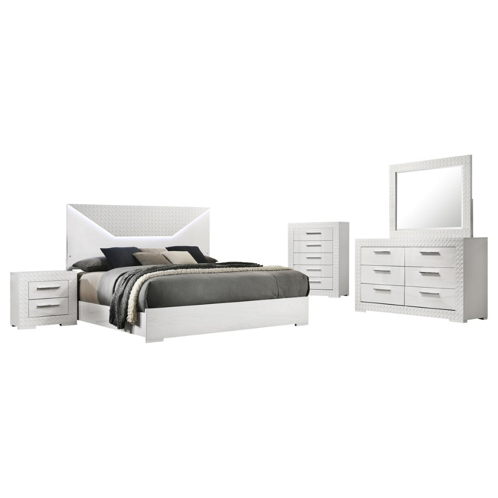 English Elm Pierce Queen Bedroom Set with LED Headboard Gloss White Diamond Emboss Chrome B062S02213