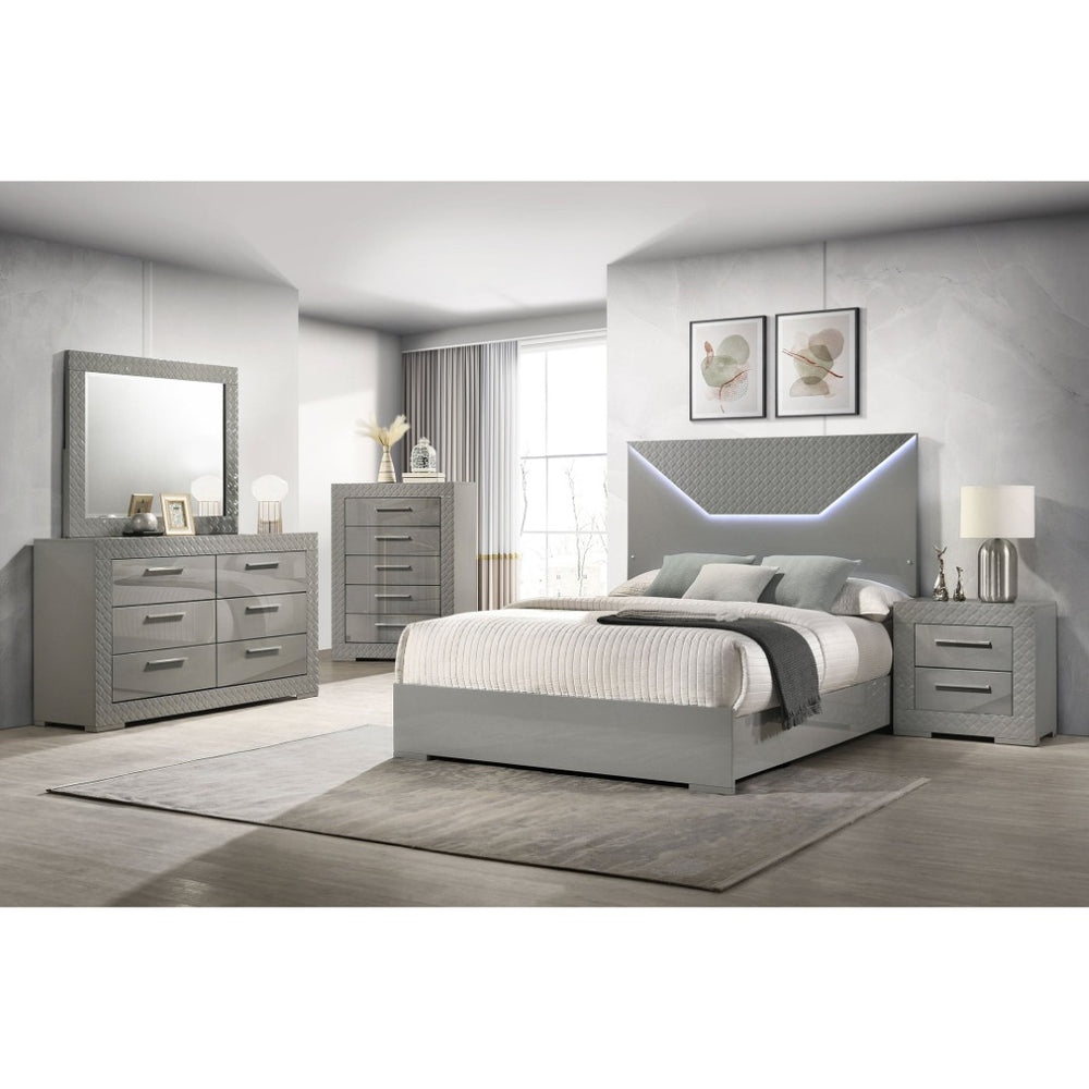 English Elm Pierce Queen Bedroom Set with LED Headboard Touch Lighting and Gloss Grey Finish B062S02214