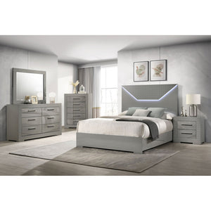 English Elm Pierce Queen Bedroom Set with LED Headboard Touch Lighting and Gloss Grey Finish B062S02214
