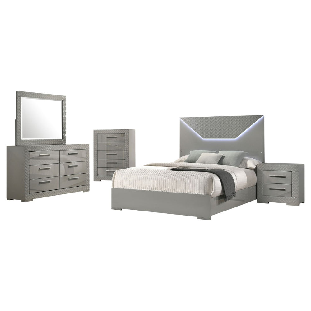 English Elm Pierce Queen Bedroom Set with LED Headboard Touch Lighting and Gloss Grey Finish B062S02214
