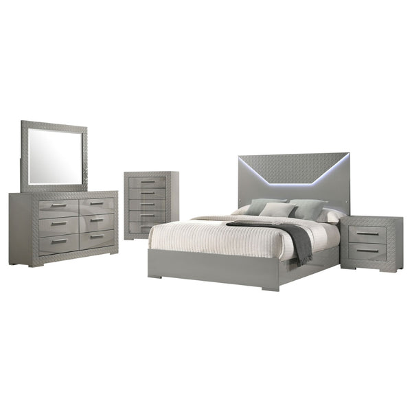 English Elm Pierce Queen Bedroom Set with LED Headboard Touch Lighting and Gloss Grey Finish B062S02214
