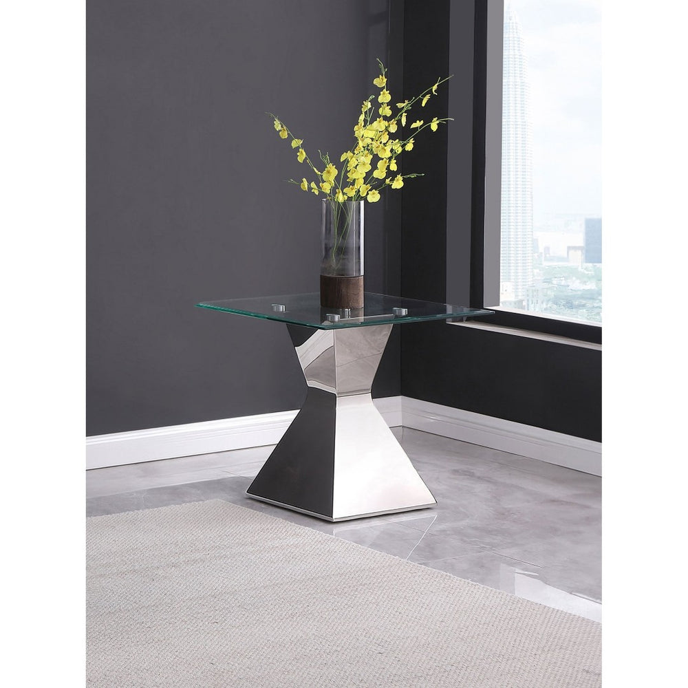 English Elm Exeter Sculptural Hourglass Pedestal Glass Top Side Table for Modern Living Spaces B062S02223