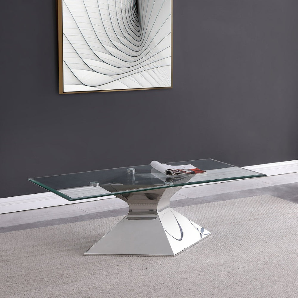 English Elm Exeter Hourglass Pedestal Coffee Table Polished Steel Base Tempered Glass Living Room B062S02224