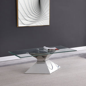 English Elm Exeter Hourglass Pedestal Coffee Table Polished Steel Base Tempered Glass Living Room B062S02224