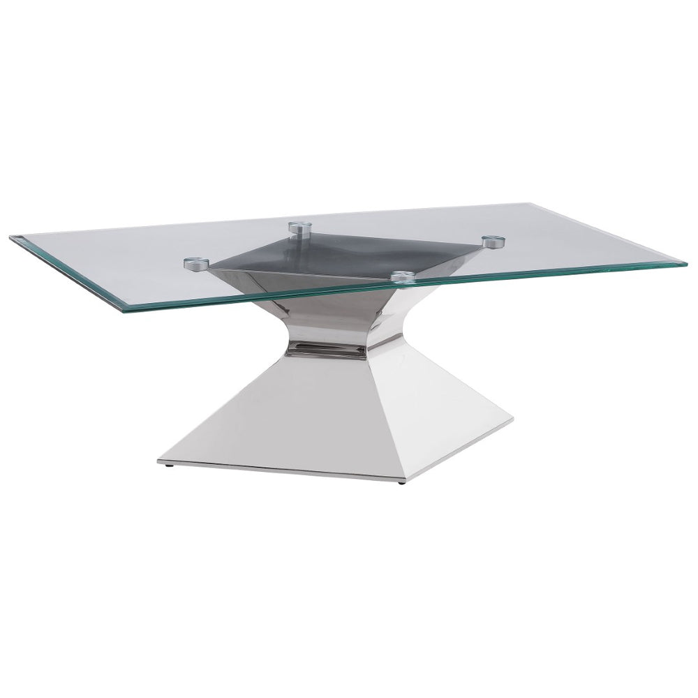 English Elm Exeter Hourglass Pedestal Coffee Table Polished Steel Base Tempered Glass Living Room B062S02224