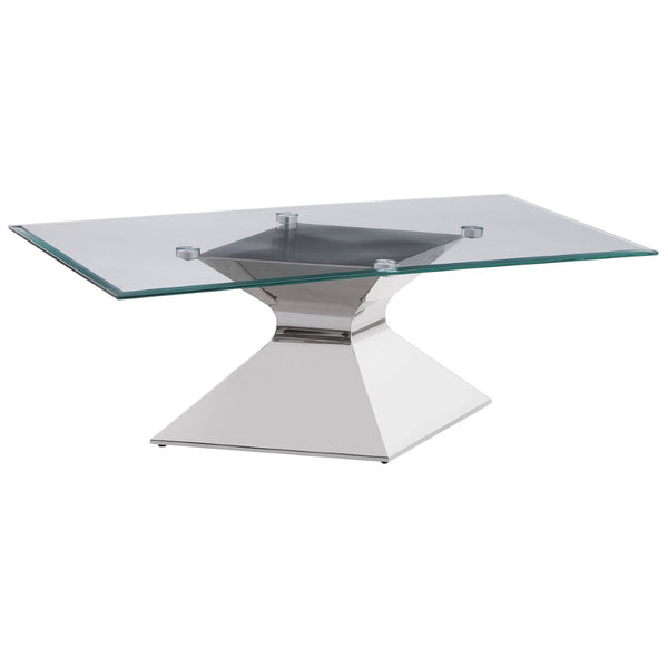 English Elm Exeter Hourglass Pedestal Coffee Table Polished Steel Base Tempered Glass Living Room B062S02224
