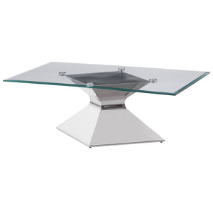 English Elm Exeter Hourglass Pedestal Coffee Table Polished Steel Base Tempered Glass Living Room B062S02224