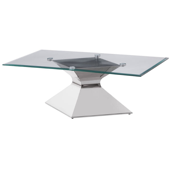 English Elm Exeter Hourglass Pedestal Coffee Table Polished Steel Base Tempered Glass Living Room B062S02224