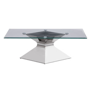 English Elm Exeter Hourglass Pedestal Coffee Table Polished Steel Base Tempered Glass Living Room B062S02224