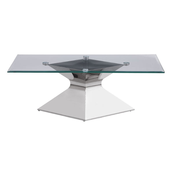 English Elm Exeter Hourglass Pedestal Coffee Table Polished Steel Base Tempered Glass Living Room B062S02224