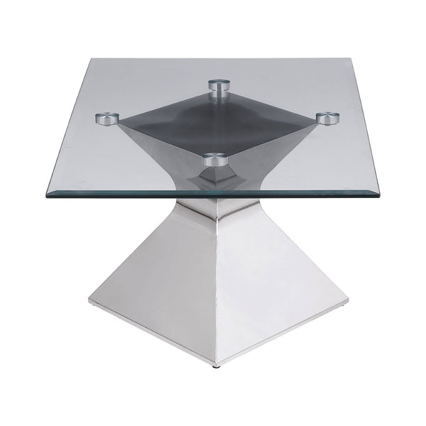 English Elm Exeter Hourglass Pedestal Coffee Table Polished Steel Base Tempered Glass Living Room B062S02224