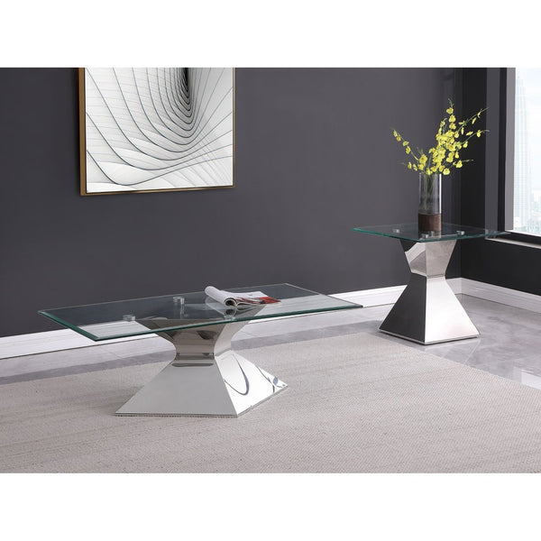 English Elm Exeter Polished Chrome Hourglass Base Glass Top Living Room Coffee and End Table Set B062S02225