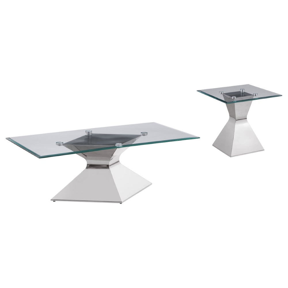 English Elm Exeter Polished Chrome Hourglass Base Glass Top Living Room Coffee and End Table Set B062S02225
