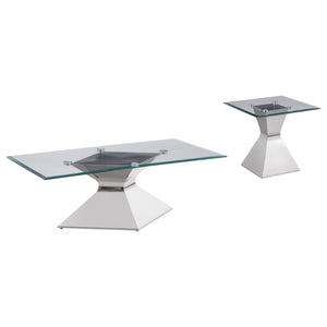 English Elm Exeter Polished Chrome Hourglass Base Glass Top Living Room Coffee and End Table Set B062S02225