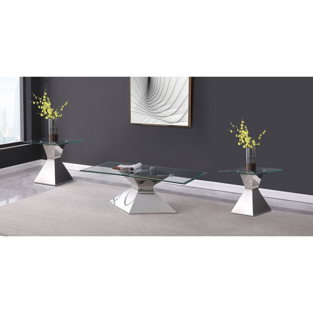 English Elm Exeter Glam 3 Piece Tempered Glass Living Room Set with Polished Chrome Hourglass Bases B062S02226