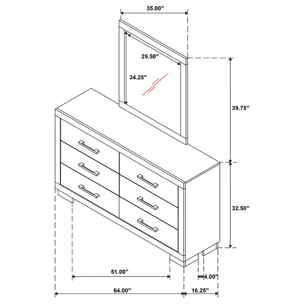 English Elm Polk Six Drawer Dresser with Beveled Mirror Rubberwood MDF Modern Bedroom Set B062S02227