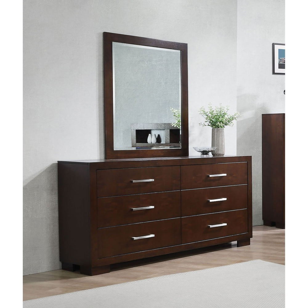 English Elm Polk Six Drawer Dresser with Beveled Mirror Cappuccino Finish Bedroom Storage B062S02228