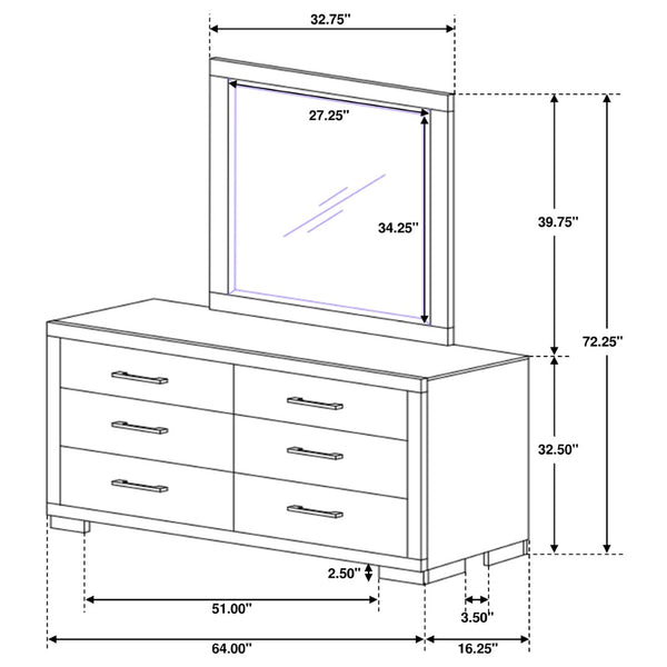 English Elm Polk Six Drawer Dresser with Beveled Mirror Cappuccino Finish Bedroom Storage B062S02228