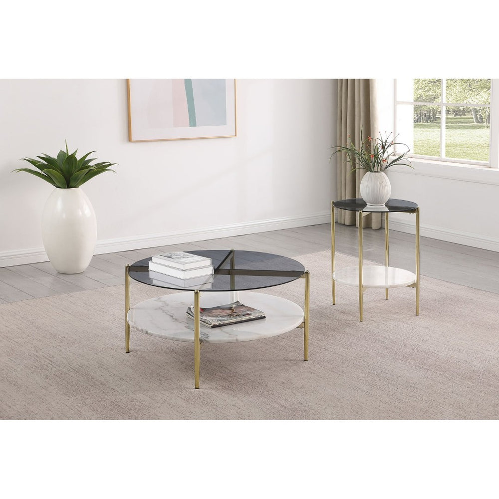 English Elm Jackel Smoked Glass and Marble 2-Piece Round Table Set with Gold Chrome Base B062S02229