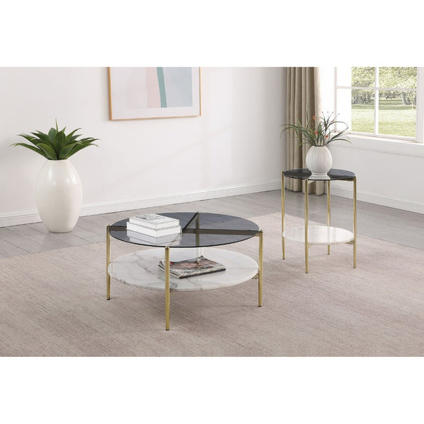 English Elm Jackel Smoked Glass and Marble 2-Piece Round Table Set with Gold Chrome Base B062S02229