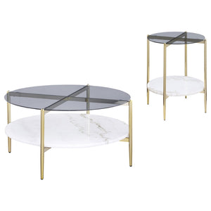 English Elm Jackel Smoked Glass and Marble 2-Piece Round Table Set with Gold Chrome Base B062S02229