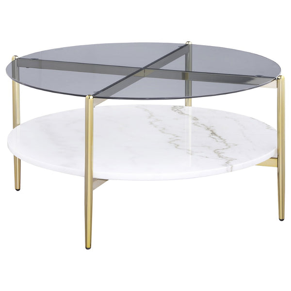 English Elm Jackel Smoked Glass and Marble 2-Piece Round Table Set with Gold Chrome Base B062S02229