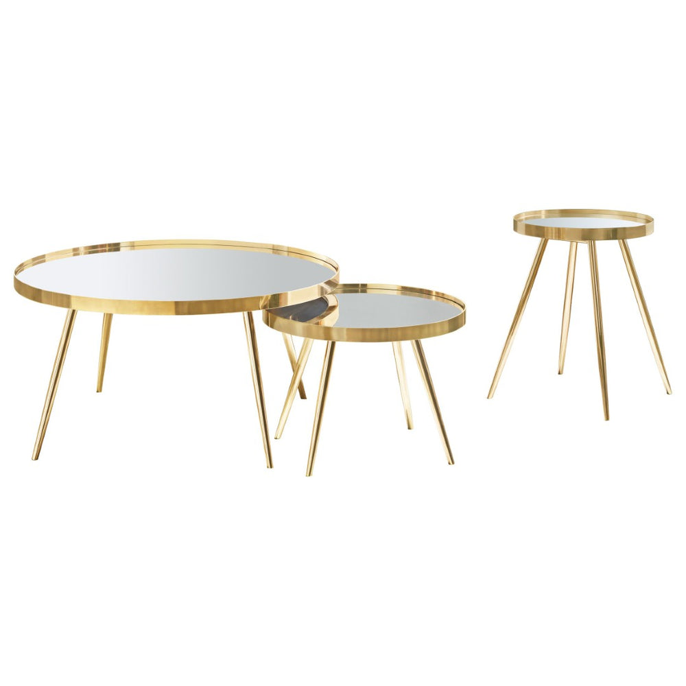 English Elm Lymon Glam 3 Piece Mirrored Top Gold Metal Round Nesting Coffee and Side Table Set B062S02231