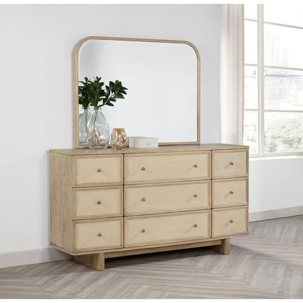 English Elm Kimpton Nine Drawer Dresser with Beveled Mirror Oak Veneer Coastal Bedroom Set B062S02233