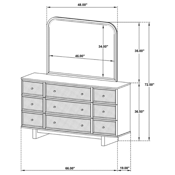 English Elm Kimpton Nine Drawer Dresser with Beveled Mirror Oak Veneer Coastal Bedroom Set B062S02233