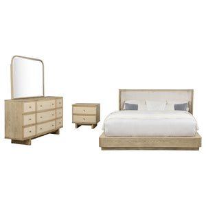 English Elm Kimpton Queen Bedroom Set Coastal Wingback Cane Accents Antique Brass Beige Oak B062S02234