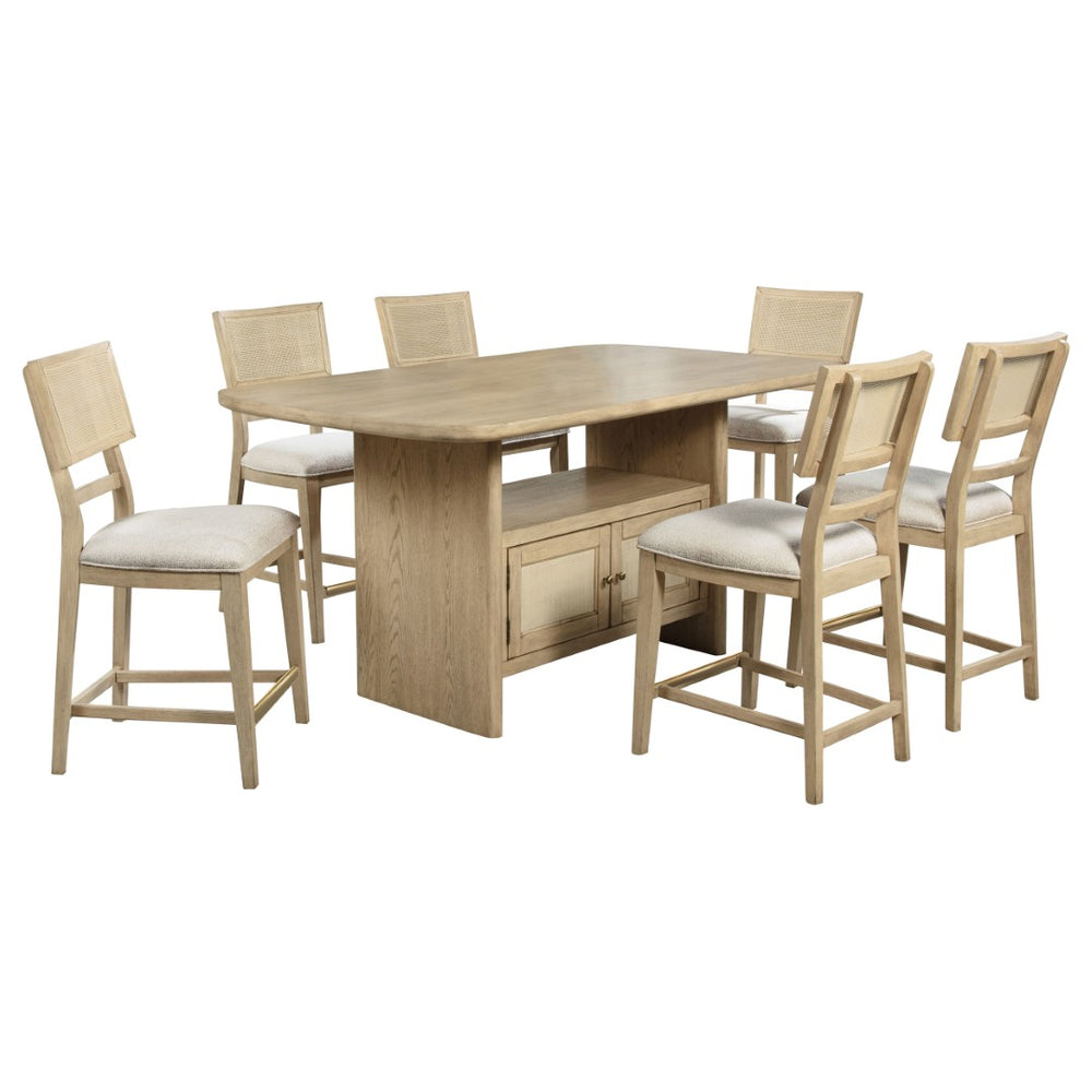 English Elm Kimpton Oak Veneer Counter Dining Set Seats Six with Hidden Storage Cane Chairs B062S02239