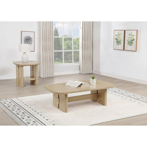 English Elm Kimpton Beige Oak Trestle Base Coffee and End Table Set for Coastal Living Rooms B062S02240