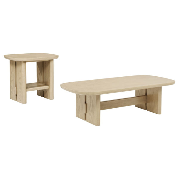 English Elm Kimpton Beige Oak Trestle Base Coffee and End Table Set for Coastal Living Rooms B062S02240