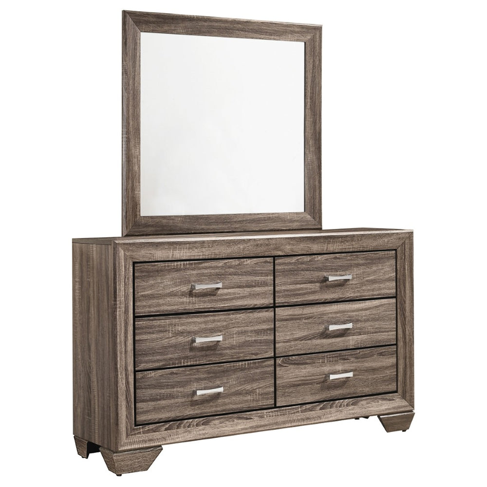 English Elm Holmgren Six Drawer Dresser with Coordinating Mirror Chrome Handles Transitional Bedroom Taupe B062S02241
