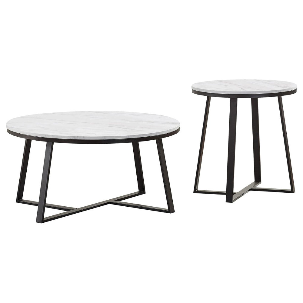 English Elm Melisa Round Faux Marble Top Coffee and End Table Set with Black Metal Base B062S02250