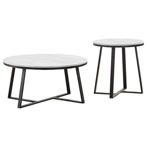 English Elm Melisa Round Faux Marble Top Coffee and End Table Set with Black Metal Base B062S02250
