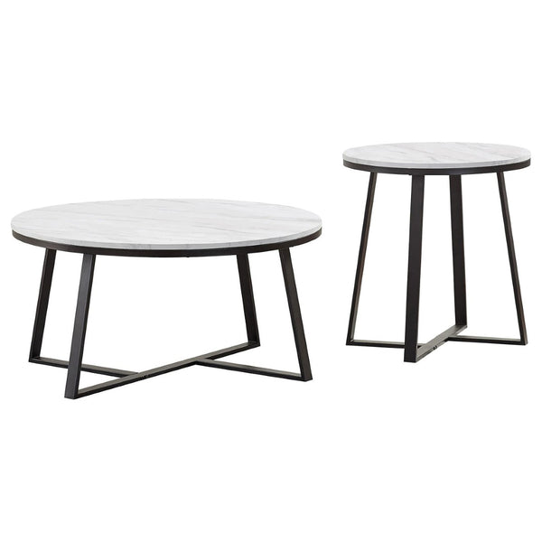 English Elm Melisa Round Faux Marble Top Coffee and End Table Set with Black Metal Base B062S02250