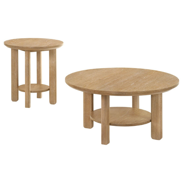 English Elm Crispin Round Oak Veneer 2 Piece Coffee and End Table Set with Open Shelves Light Oak B062S02267
