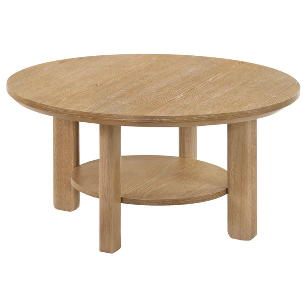 English Elm Crispin Round Oak Veneer 2 Piece Coffee and End Table Set with Open Shelves Light Oak B062S02267