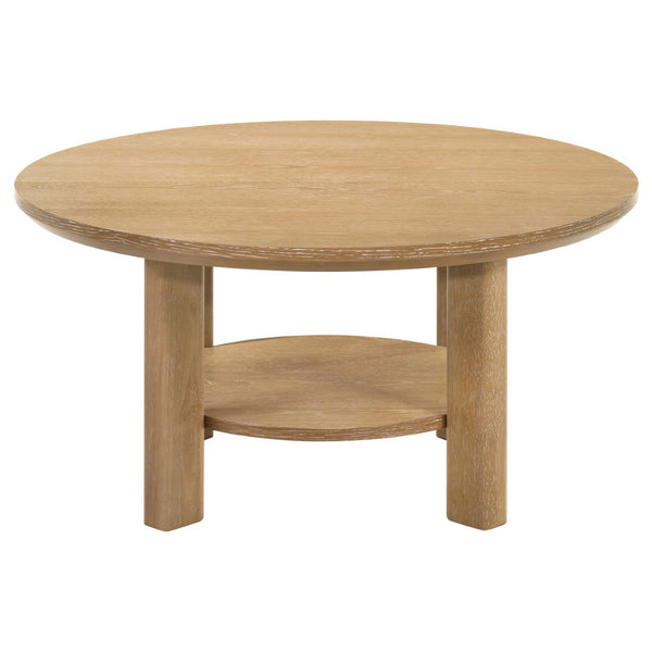 English Elm Crispin Round Oak Veneer 2 Piece Coffee and End Table Set with Open Shelves Light Oak B062S02267