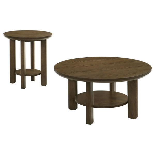 English Elm Crispin Round Oak Veneer 2 Piece Coffee and End Table Set with Open Shelves Brown B062S02268