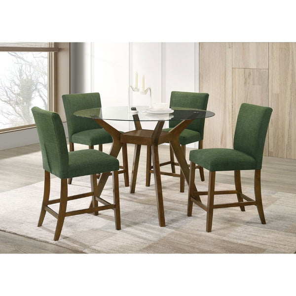 English Elm Flynn Round Glass Top Counter Height Dining Set with Sculptural Rubberwood Base Seats Four Brown / Green B062S02274