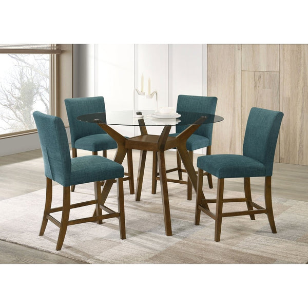 English Elm Flynn Round Glass Top Counter Height Dining Set with Sculptural Rubberwood Base Seats Four Brown / Teal Blue B062S02276