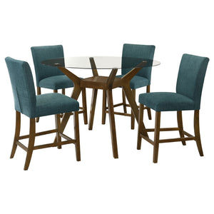 English Elm Flynn Round Glass Top Counter Height Dining Set with Sculptural Rubberwood Base Seats Four Brown / Teal Blue B062S02276