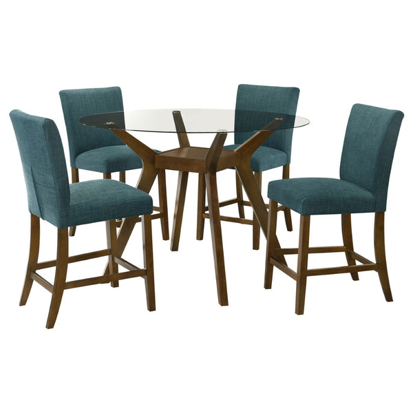 English Elm Flynn Round Glass Top Counter Height Dining Set with Sculptural Rubberwood Base Seats Four Brown / Teal Blue B062S02276