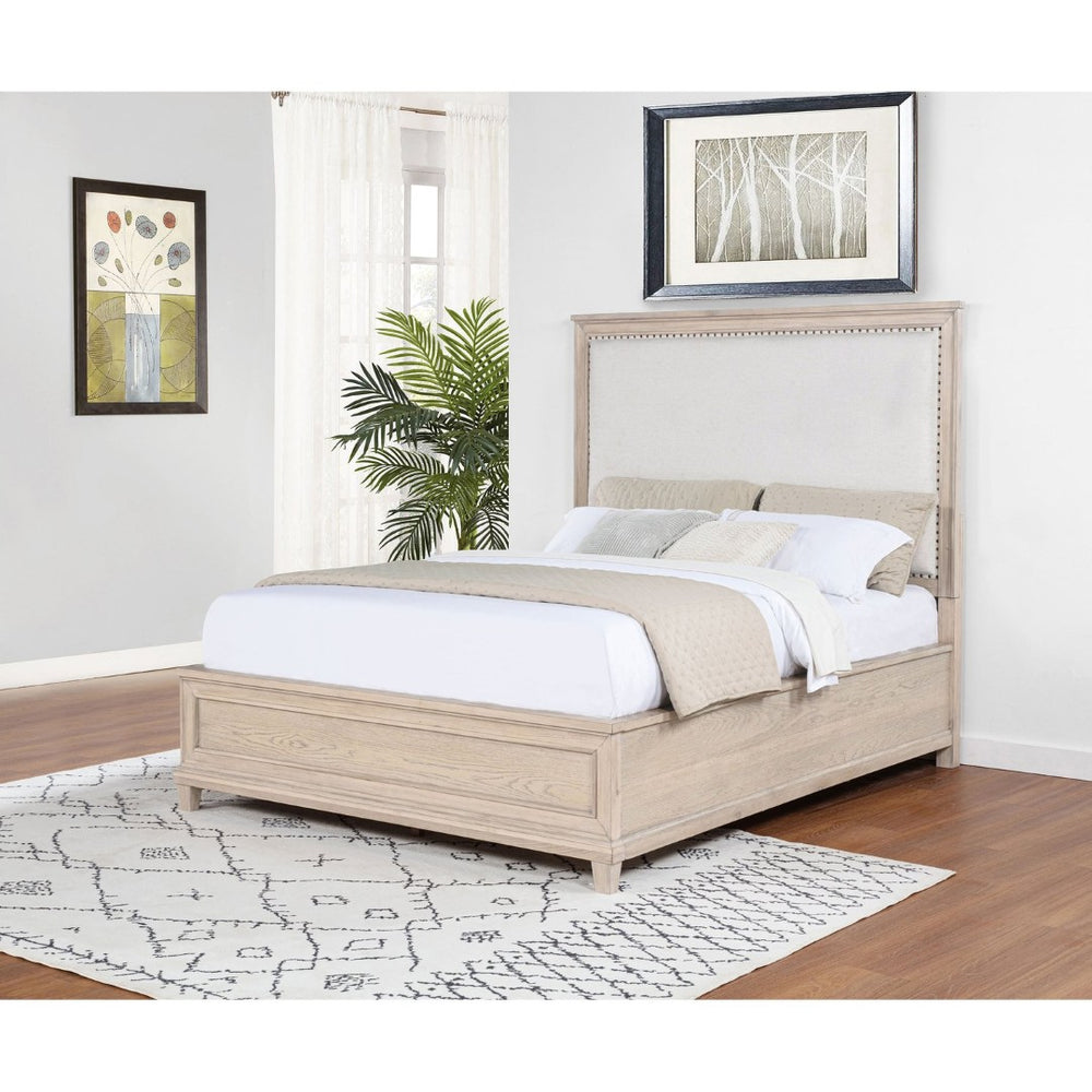 English Elm Wedner Queen Panel Bed Washed Oak Frame Cream Upholstered Nailhead Headboard B062S02277