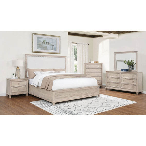 English Elm Wedner Queen Panel Bed Washed Oak Frame Cream Upholstered Nailhead Headboard B062S02277