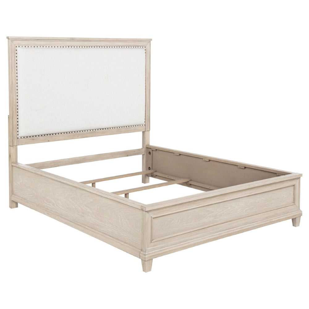 English Elm Wedner Queen Panel Bed Washed Oak Frame Cream Upholstered Nailhead Headboard B062S02277